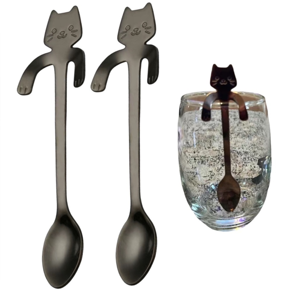 Cat Spoons Tea Spoons Stirrers Cup Hugging Kitty Cats Stainless Black 2 PC Set - Picture 1 of 16